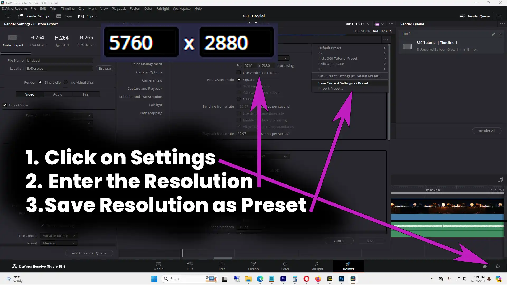 Setting up the resolution in Davinci Resolve